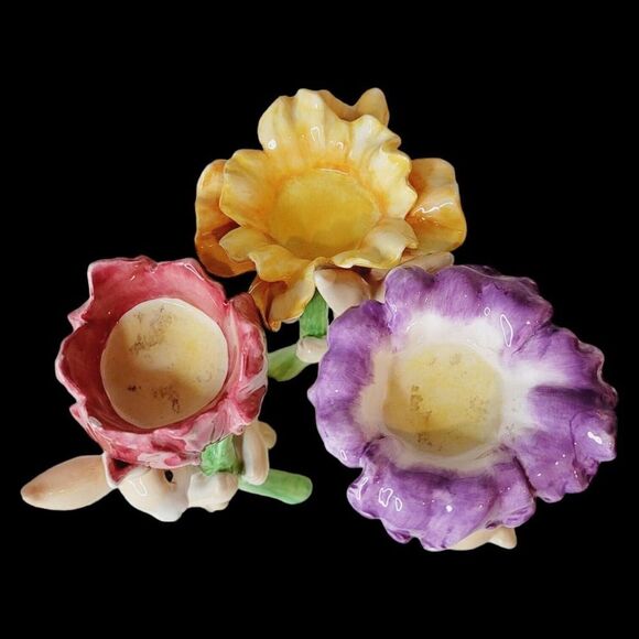 Set of 3 Magenta Seasonal Collection Ceramic Bunny Rabbit Candle Holder Flowers - Picture 5 of 15